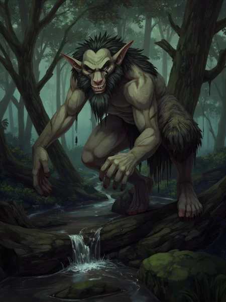 <lora:ck-LttleGhost-000011.safetensors:1> in the style of ck-lttlegh0stA hunched troll stands by a tranquil stream in a dense, eerie forest, surrounded by towering trees and decaying logs. Its rugged skin and sinister grin make it a menacing presence, while the soft color palette and careful shading enhance the sense of unease. The air is heavy with an unspoken malevolence, as if the forest itself is alive and watching.