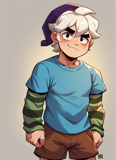 score_9, score_8_up, score_7_up, <lora:bs_gus:1>1boy, bsgus ,green sleeves , aged down, blue shirt ,brown shorts , white hair ,Striped sleeves ,purple headwear , looking at viewer, <lora:torule_style:1>by torule