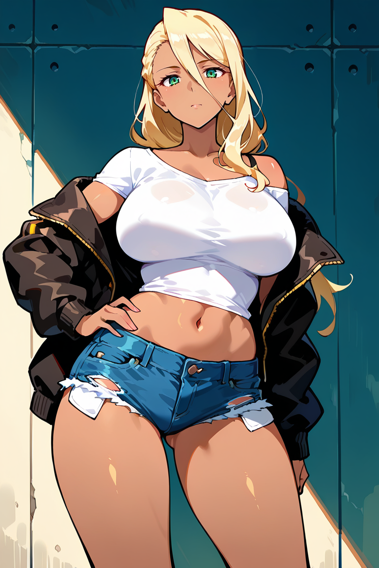 masterpiece, best quality, ,source_anime, breasts, mature female, shorts, long hair, 1girl, blonde hair, green eyes, , short shorts, navel, large breasts, dark-skinned female, hand on hip, dark skin, midriff, jacket, denim, denim shorts, cutoffs, solo, off shoulder, standing, looking at viewer, muscular, hair between eyes