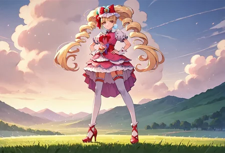 curemacherie, high heels, garter straps, thighhighs, outside, score_9, score_8_up, score_7_up, ,source_anime, best quality, masterpiece, , full body view ,collarbone , 1girl , solo , girl focus, large breasts, score_9, score_8_up, score_7_up, ,source_anime, best quality, masterpiece, , garter straps , 1girl , solo , girl focus,, full body view, facing viewer, hands on hips, low angle view, standing, outside , day, field,