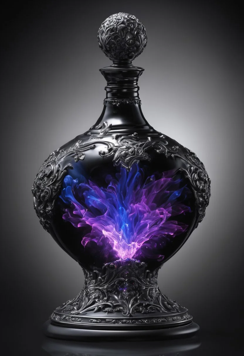 Score_9, Score_8_up, Score_7_up, Score_6_up, Score_5_up, Score_4_up, high_def, highest quality, 4k, best quality, masterpiece, focused, defined, (Photorealistic magic potion:1.3), intricate glass bottle, elixir, tar black liquid, silvery streaks, bubbling, luminous, dynamic reflections, highly detailed, fantasy essence, glowing particles, A3THER