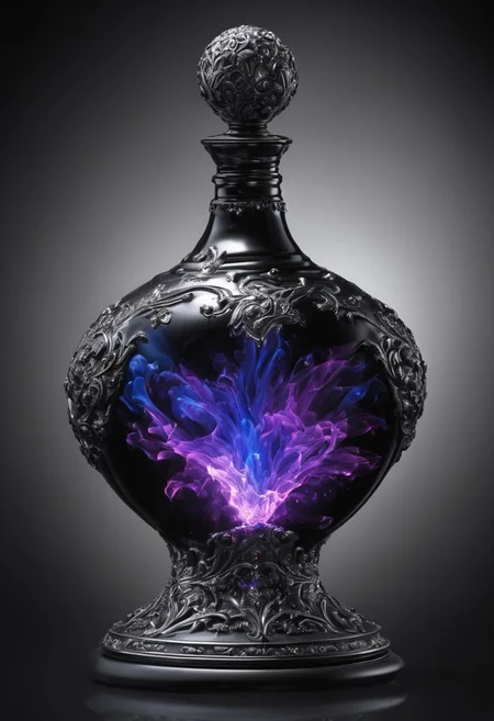 Score_9, Score_8_up, Score_7_up, Score_6_up, Score_5_up, Score_4_up, high_def, highest quality, 4k, best quality, masterpiece, focused, defined, (Photorealistic magic potion:1.3), intricate glass bottle, elixir, tar black liquid, silvery streaks, bubbling, luminous, dynamic reflections, highly detailed, fantasy essence, glowing particles, A3THER