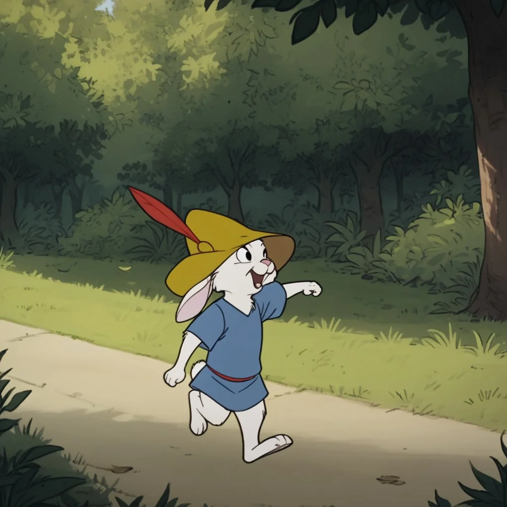 score_9, score_8_up, score_7_up, score_6_up, score_5_up, score_4_up, source_furry, skippyRH, semi-anthro, male, rabbit, white fur, blue tunic, yellow hat, running, in the forest