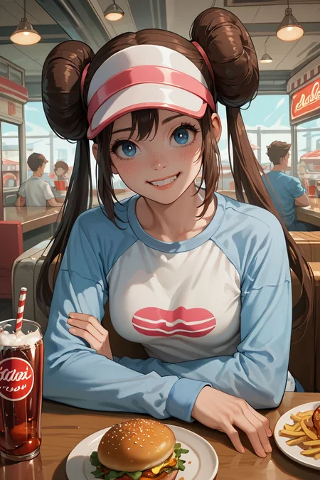 zPDXL3, <lora:Rosa_Pony:.8>
rosa, woman, blue eyes, visor, cap, hair buns, twintails, raglan sleeves, white shirt, blue sleeves, looking at viewer, smiling, sitting, behind a table, inside diner, glass of soda, plate of french fries,