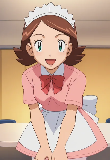 score_9, score_8_up, score_7_up, score_6_up, anime screencap, anime coloring, <lora:PMRhodaRhondaSis_epoch_8:0.8>, PMRhonda, brown hair, short hair, green eyes, maid headdress,
red bowtie, pink shirt, short sleeves, pink skirt, waist apron, white pantyhose,
leaning forward, smile, open mouth, looking at viewer, table, 
BREAK indoors,
