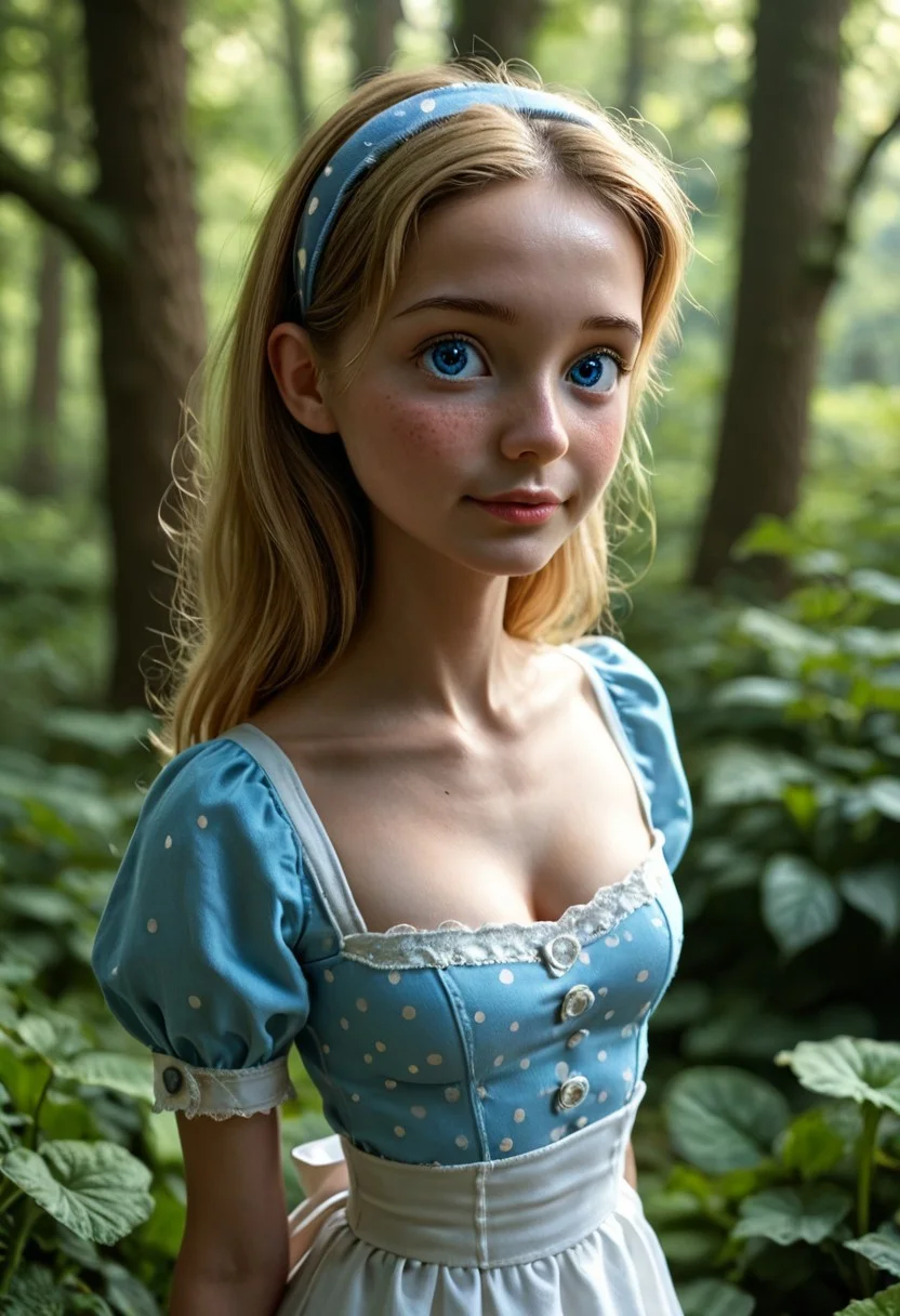 ((Masterpiece, Best Quality, Highres:1.2), RAW photo, 8K, HDR, source photo, photorealistic, , volumetric lighting, high quality, intricate delicate,natural, Fixhand, Expressiveh, (detailed skin:1.2), a woman, 20yo, medium breasts, side view, upper body shot, 1girl, cute, petite, small nose, freckles, 1girl, solo, AliceWaifu, blonde hair, blue eyes, white apron, blue mini dress, white petticoat, puffy sleeves, white stockings thigh high, hairband, cleavage, small breasts, petite, (18yo:1.6), (adorable:1.4), (cutest:1.4), (cute:1.4), (petite:1.4), (youthful:1.4),dynamic lighting, from side, dynamic angle, dynamic lighting, blurry background, very aesthetic, emotive, nostalgic, clear eyes, detailed eyes, polka dot mushroom forest background, cleavage, breasts burst, delicate depiction, detailed background, Impressive, beautiful, fascinating, attractive, fine detail, perfect, sharp focus, professional, expressive, extremely complex, stunning, fantastic, marvelous, excellent composition, amazing atmosphere, sharp details, flawless, perfect anatomy, scenic, Ultra-high resolution, perfect anatomy,