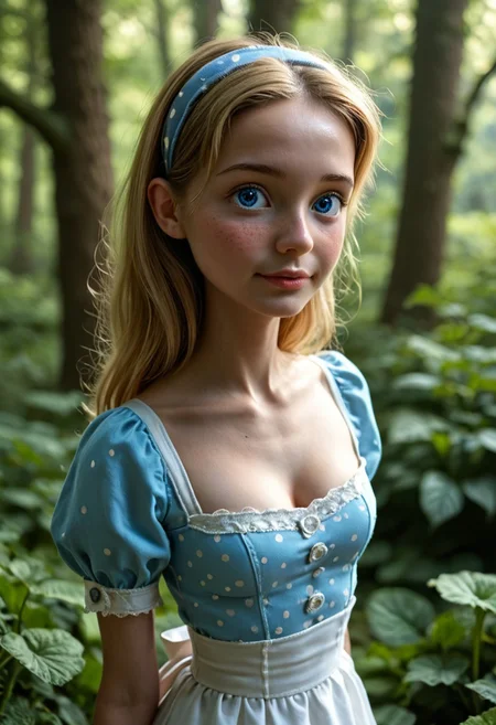 ((Masterpiece, Best Quality, Highres:1.2), RAW photo, 8K, HDR, source photo, photorealistic, , volumetric lighting, high quality, intricate delicate,natural, Fixhand, Expressiveh, (detailed skin:1.2), a woman, 20yo, medium breasts, side view, upper body shot, 1girl, cute, petite, small nose, freckles, 1girl, solo, AliceWaifu, blonde hair, blue eyes, white apron, blue mini dress, white petticoat, puffy sleeves, white stockings thigh high, hairband, cleavage, small breasts, petite, (18yo:1.6), (adorable:1.4), (cutest:1.4), (cute:1.4), (petite:1.4), (youthful:1.4),dynamic lighting, from side, dynamic angle, dynamic lighting, blurry background, very aesthetic, emotive, nostalgic, clear eyes, detailed eyes, polka dot mushroom forest background, cleavage, breasts burst, delicate depiction, detailed background, Impressive, beautiful, fascinating, attractive, fine detail, perfect, sharp focus, professional, expressive, extremely complex, stunning, fantastic, marvelous, excellent composition, amazing atmosphere, sharp details, flawless, perfect anatomy, scenic, Ultra-high resolution, perfect anatomy,