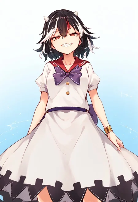 score_9, score_8_up, score_7_up, source_anime, perfect face, (illustration), intricately detailed illustration, Exquisite color design, (best quality, ultra detailed), smooth skin, high details, (1girls), beauty, kijin_seija, short hair, multicolored hair, (black hair), streaked hair, red hair, white hair, hair flaps, hair between eyes, red eyes, horns, small horns, grey horns, cone horns, white horns, white collared shirt, white buttons, sailor collar, bracelet, purple bowtie, puffy short sleeves, white dress, white skirt, layered skirt, underskirt, purple belt, purple bow, arrow print, arrow \(symbol\), facing viewer, narrowed eyes, looking at viewer, grin, sharp teeth, front view, low angle, day, hands on hips,