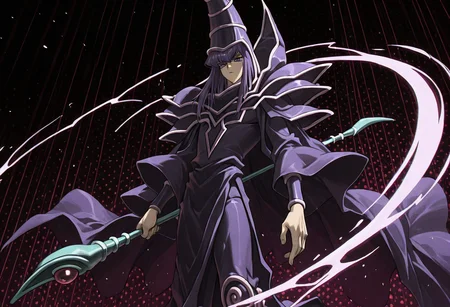 score_9,score_8_up,score_7_up,<lora:darkmagician_dataset_01_v11>,dkmgcn,1boy,solo,purple hair,purple eyes,netural expression,magician robe,duel_monsters,magical blast charge,holding staff,battle pose,<lora:dark_art_style_illustriousXL:0.7>,dark_art_style,cinematic,film screenshot,chromatic_aberration,film_grain,halftone,low contrast,deep shadows,