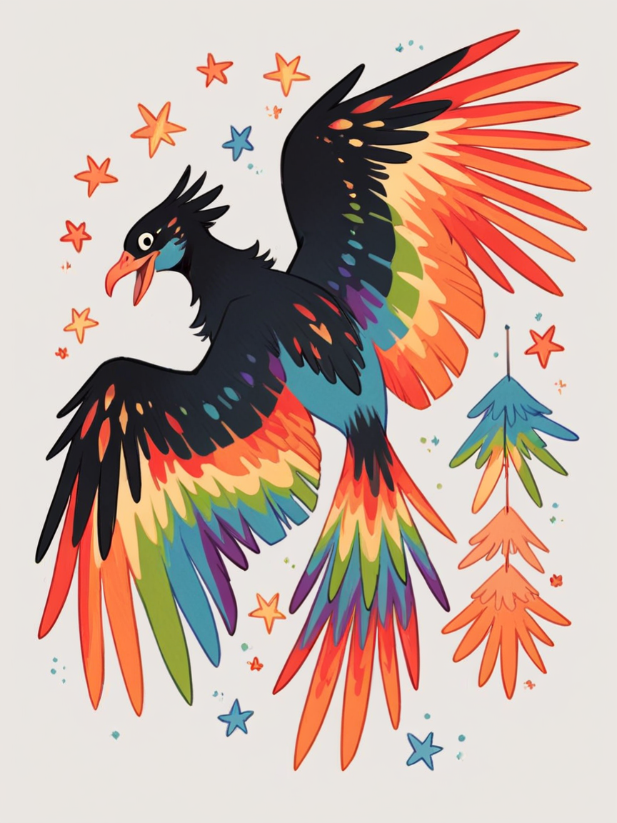 score_9, score_8_up, score_7_up, score_6_up, score_5_up, score_4_up,  <lora:r41nb0wXLP:0.7> r41nb0w, rainbow, bird