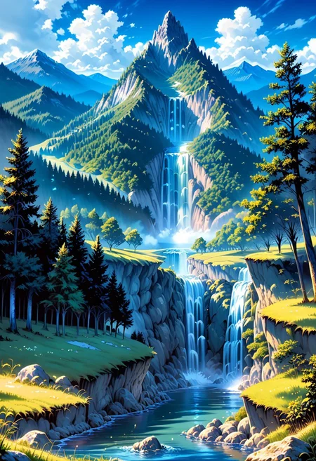 score_9, score_8_up, score_7_up, 1girl, FujisakaLP, Masterpiece, best quality, high quality, extremely detailed CG unity 8k wallpaper, landscape, outdoor, sky, cloud, sky, no humans, mountain, landscape, water, tree, blue sky, waterfall, cliff, nature, lake, river , cloudy skies, award winning photography, bokeh, depth of field, HDR, bloom, chromatic aberration, photorealism, very detailed, trending on artstation, trending on CGsociety, intricate, high detail, dramatic, midjourney art