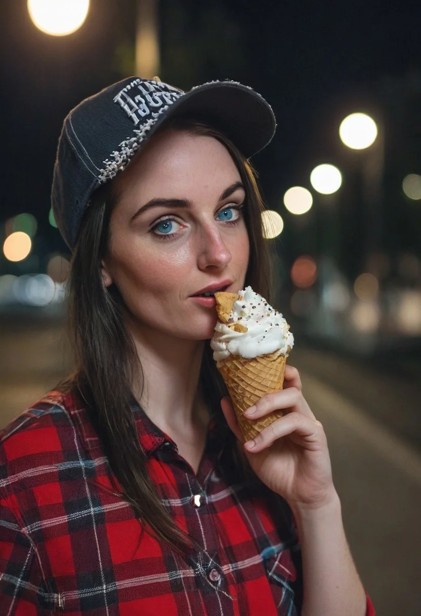 A 30yo woman eating a cone icecream. blue eyes. perfecteyes
Wearing Jeans and Plaid red shirt with a hat/cap red.
Long dark black slick back hair. No makeup.
Night time, Street light.
Looking at camera POV. Slight smile.
Medium Close Up shot.
Bokeh. Bokeh light.
Blurred background.