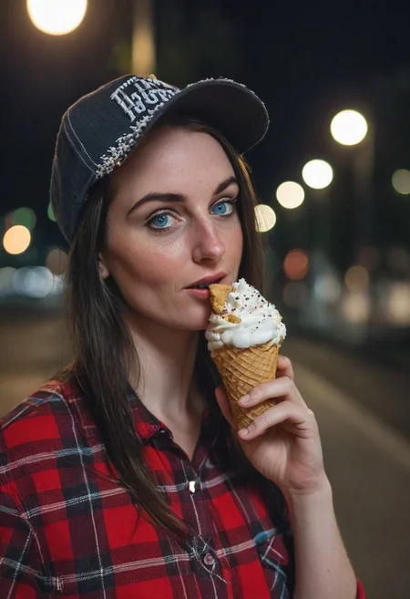 A 30yo woman eating a cone icecream.  blue eyes. perfecteyes
Wearing Jeans and Plaid red shirt with a hat/cap red. 
Long dark black slick back hair. No makeup.
Night time, Street light. 
Looking at camera POV.  Slight smile.
Medium Close Up shot.
Bokeh. Bokeh light.  
Blurred background.