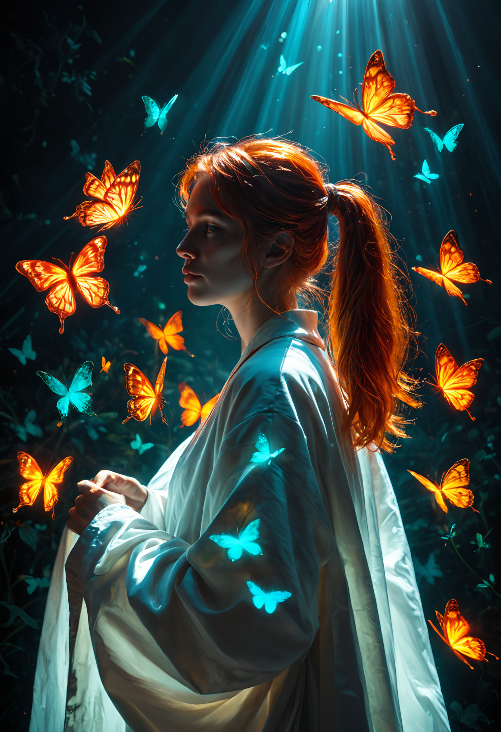 score_9, score_8_up, score_8. score_9, score_8_up, 1girl,
Facing viewer, sexy, butt, ginger hair, red tones, eyes open, white Robe, loose Sleeve with white Belt, delicately against skin,silhouette, semi-transparent, glowing girl, ponytail, bow on side of head, realistic fantasy, glowing butterflies, vibrant neon colors, electric green butterflies, pulsating pink butterflies, luminous orange butterflies, glow-in-the-dark, surreal, illuminated silhouette, radiant hue, enchanting, detailed background, high contrast, surreal beauty
<lora:Pony Realism Slider:3>
  