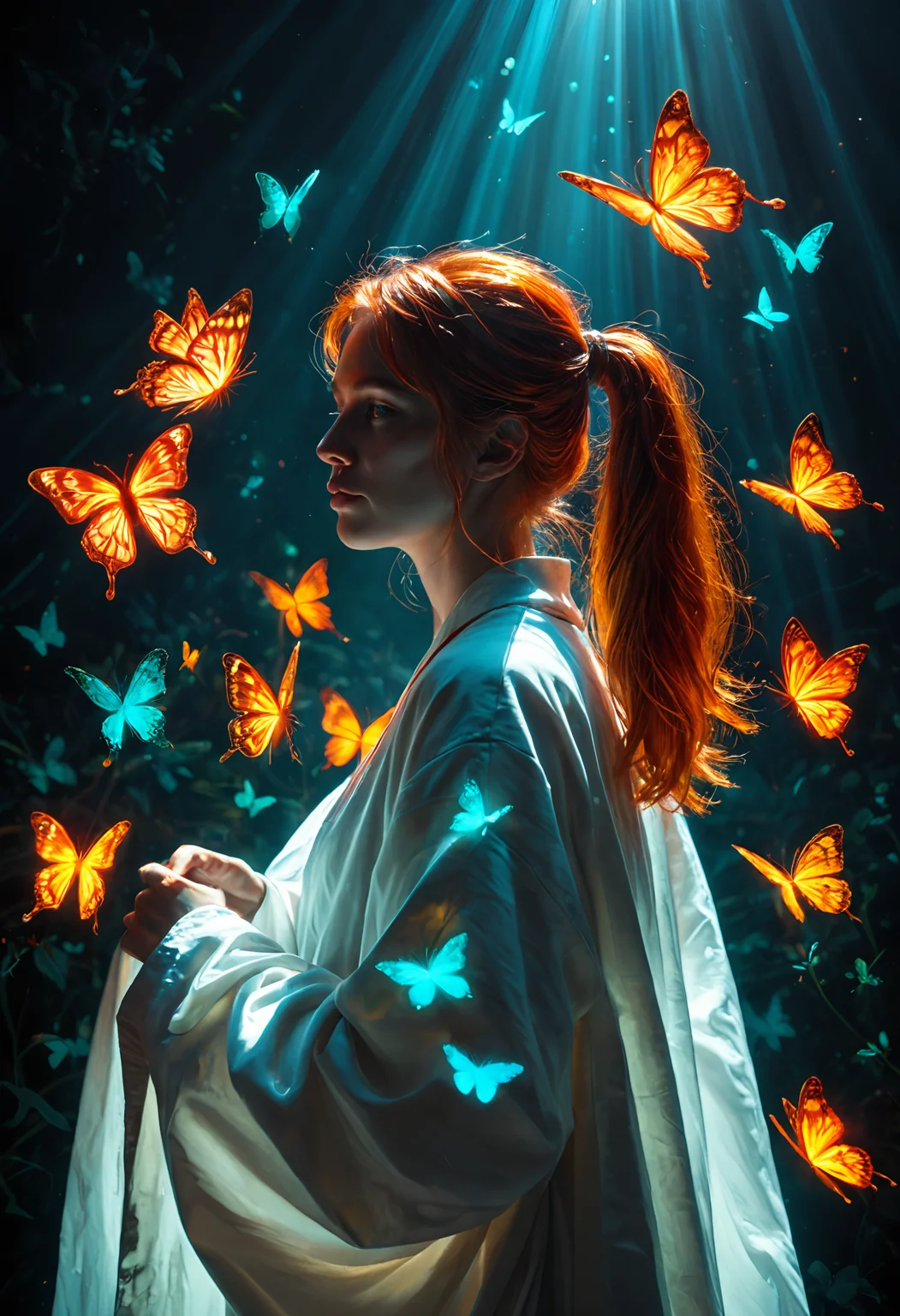 score_9, score_8_up, score_8. score_9, score_8_up, 1girl,
Facing viewer, sexy, butt, ginger hair, red tones, eyes open, white Robe, loose Sleeve with white Belt, delicately against skin,silhouette, semi-transparent, glowing girl, ponytail, bow on side of head, realistic fantasy, glowing butterflies, vibrant neon colors, electric green butterflies, pulsating pink butterflies, luminous orange butterflies, glow-in-the-dark, surreal, illuminated silhouette, radiant hue, enchanting, detailed background, high contrast, surreal beauty
<lora:Pony Realism Slider:3>