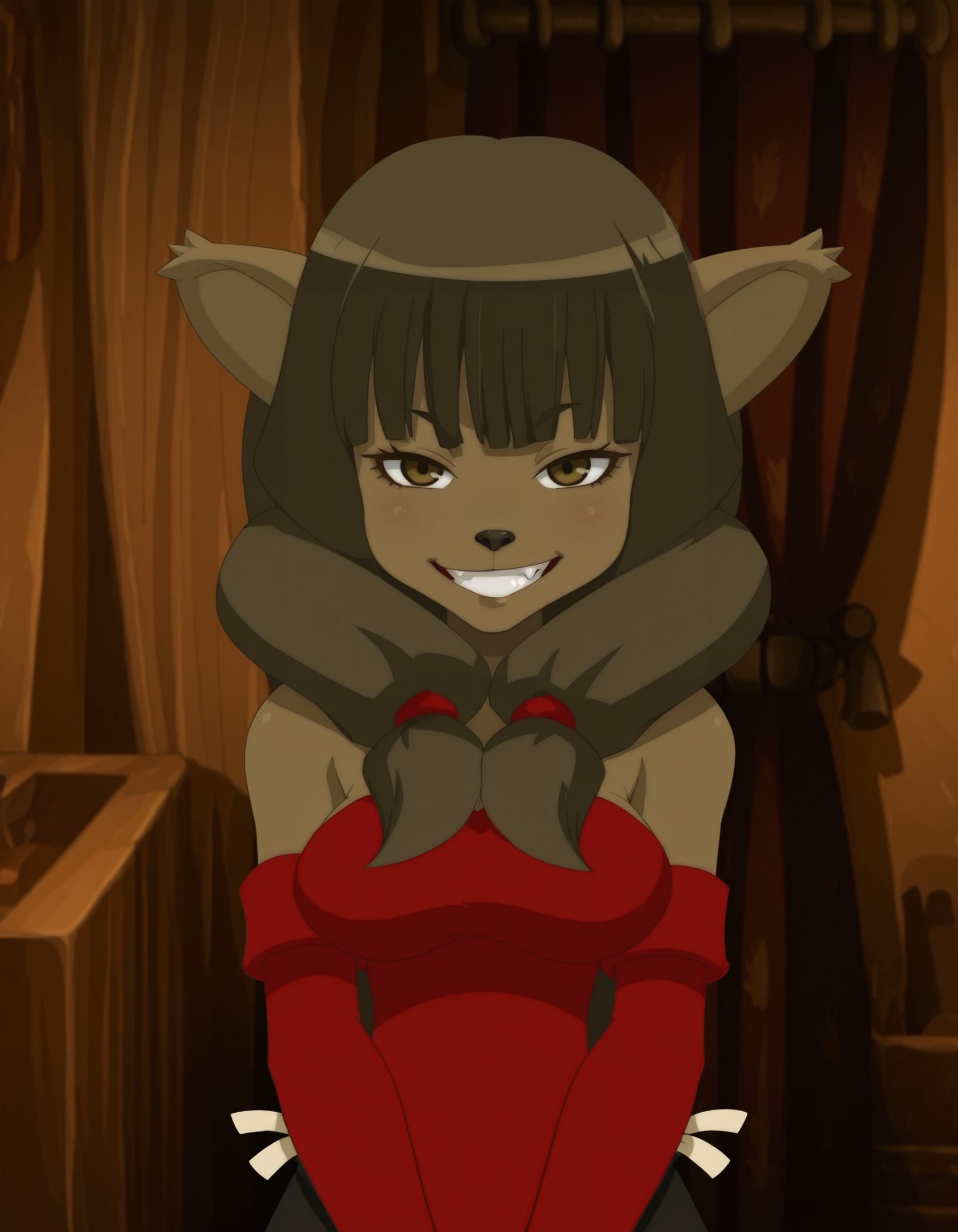 miranda, gloves, 1girl, furry, long hair, animal ears, elbow gloves, furry female, smile, dress, black hair, breasts, solo, looking at viewer, upper body,indoors, teeth, grin,fang,   <lora:MirandaIllustrious1.0JLFO:1.0>