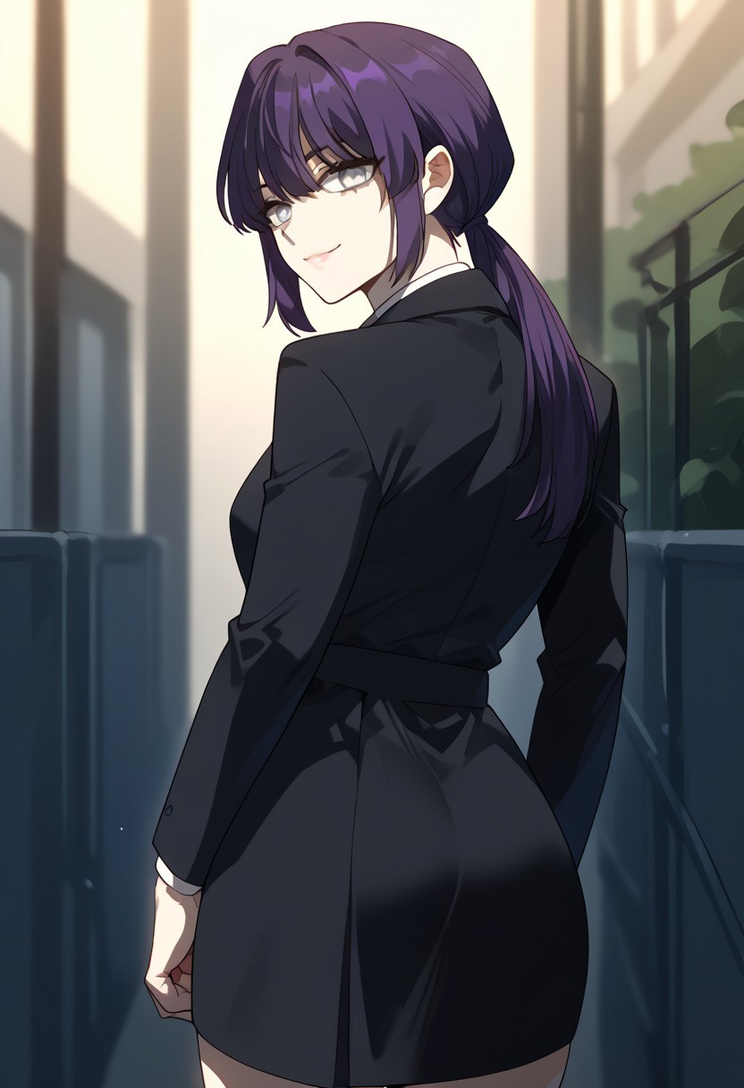 zPDXL3, score_9_up, score_8_up, score_7_up, (Anime_source), 1girl, NaYeorum, gray eyes, purple hair, long hair, low ponytail, suit, skirt, (looking back), cowboy shot, looking at viewer, smile