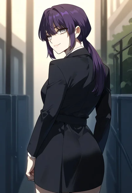zPDXL3, score_9_up, score_8_up, score_7_up, (Anime_source), 1girl, NaYeorum, gray eyes, purple hair, long hair, low ponytail, suit, skirt, (looking back), cowboy shot, looking at viewer, smile