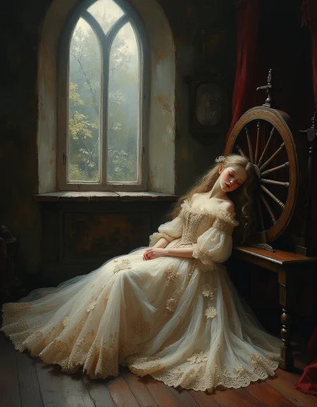 An ultra-detailed, portrait oil painting of a medieval castle room with a young teen princess wearing ornate gown serenely asleep on the ground next to a spinning wheel. The princess has white skin and long pale blond hair fan around her sleep form. Her gown embellished with intricate floral patterns and delicate embroidery. The spinning wheel is crafted from dark, polished wood with delicate carvings, and the air is filled with an aura of magic. Soft, cool moonlight filters in through a large arched window, casting a gentle, ethereal glow around the room. The room is adorned with ancient tapestries, luxurious velvet drapes, and antique furnishings, creating a timeless, enchanted atmosphere.
Masterful oil painting, oil on canvas, Focus on the girl, shadow and light, Masterpiece, intricate lines, intriguing atmosphere, sharp magnificent details, delicate features, elaborate details, (2\3 rule composition:0.5), ultra detailed, romantic, Rembrandt lighting, brush stroke, lovely, novuschroma, in the style of Rembrandt. vantablack <lora:style_of_Rembrandt_FLUX_135:.6> <lora:- Flux1 - vanta_black_V2.0:.3> <lora:neeeg_f1:-1> <lora:113_novuschromaFLX_1:.4> <lora:Midjourney_Whisper_Minimal:.3>