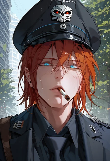 score_9, score_8_up, score_7_up, score_6_up, source_anime, 2d, 1boy, handsome boy, athletic body, manly boy, toned body, toned, male focus, solo, sweat, <lora:Chaos__Hero_Killer__Manhwa__webtoon:1>, Chaos, heterochromia, blue eye, green eye, auburn hair, medium hair, scars all over the body, closed lips, perface face, (perfect face, perfect eyes:1.2), looking at viewer, bishounen, toned male, athletic build, large pectorals, abs, six pack, pecs, cute boy in his mid twenties, hand holding a pistol, he is standing in the park at nighttime, detailed background, lamppost, <lora:warden-ponyxl-lora-nochekaiser_r1:1>, skull hat ornament, uniform, military uniform, black uniform, hat, cap, black cap, armband, collared shirt, black necktie, hand behind back, straight posture, swastikas armband, empty expression, pointing a gun at viewer, pistol, ciginmouth, <lora:ciginmouth:0.7>, smoking, Cigarette in mouth,