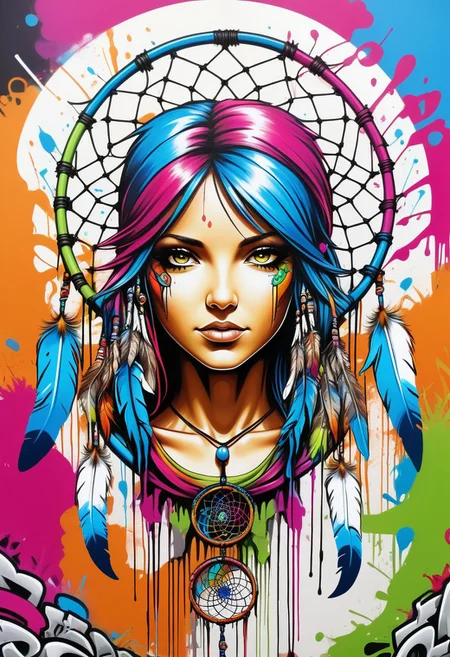 Jed-Gr4ff1t1, masterpiece, full of details, positive emotional, wallpaper enginge, <lora:GraffitiStyle-000003:0.7>, anime comics art of a dreamcatcher, Selective focus, dramatic, studio anime, emotive, colorful, fine polished, professional creative, pure, cinematic light, great composition, contemporary, deep aesthetic