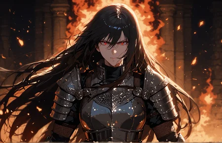 <lora:GEN 0.1v:0.8>,<lora:Expressive_H-000001>,<lora:modern_anime_screencap_v1_0:0.8>,field,magma background,fire background,castle,
1girl,solo,<lora:age_slider_v4:1.4>,adult,tall female,black hair,long hair,long bangs,straight hair,hair between eyes,red eyes,pale skin,curvy,(angry:0.8),half-closed eyes,fighting stance,standing,visor \(armor\),black full plate armor,breastplate,holding greatsword,intricate armor design,glowing eyes,great shield,mouth mask,mouth armor,