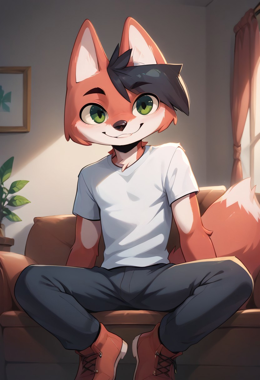 score_9, score_8_up, score_7_up, score_6_up, score_5_up, score_4_up, lisris, 1boy, solo, anthro fox, black hair, furry male, green eyes, red body, shirt, pants, boots, room, sit on sofa, vector, flat colors,  4k, ultra detailed, 4fingers, happy