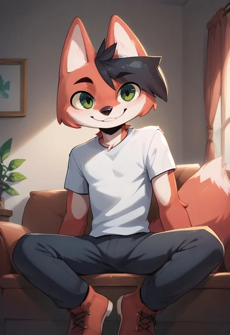 score_9, score_8_up, score_7_up, score_6_up, score_5_up, score_4_up, lisris, 1boy, solo, anthro fox, black hair, furry male, green eyes, red body, shirt, pants, boots, room, sit on sofa, vector, flat colors,  4k, ultra detailed, 4fingers, happy