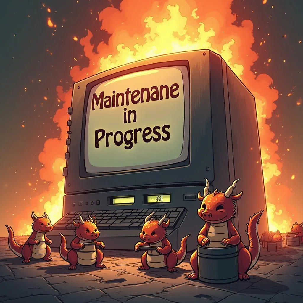 "A giant computer with a ‘Maintenance in Progress’ sign, while fire in the background is surrounded by little Asian dragons trying to extinguish it with buckets of water. Text: ‘Civitai: The Fix Is On Its Way’." anime style
