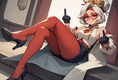 score_9, score_8_up, score_7_up,  BREAK  purah,hair ornament, red headband, red glasses, sleeveless shirt, white coat, black skirt, red leggings, gloves, high heels,smug,middle finger  <lora:purah-pdxl-nvwls-v1:0.8>