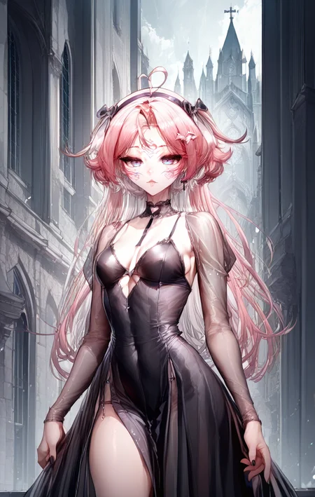 score_9,score_8_up,score_7_up,best quality,masterpiece,(anime),(cutesexyrobutts:0.6),(kasumi \(skchkko\):0.6),(ilya kuvshinov:0.6),
<lora:ischemia_facebody:1>,ischemia_j_v2,multicolored hair,pink hair,white hair,heart ahoge,ahoge,facial mark,two side up,short hair,parted bangs,long hair,
1girl,(solo:1.2),(solo focus),gothic dress,black hairband,gothic architecture,church,black dress,cowboy shot,city,
<lora:Expressive_H:0.3>,expressiveh,sexy,
<lora:S1_Dramatic_Lighting_v2:0.2>,s1_dram,<lora:Neon_Splash_Art_for_Pony:0.3>,mad-cbrpnksplshrt,