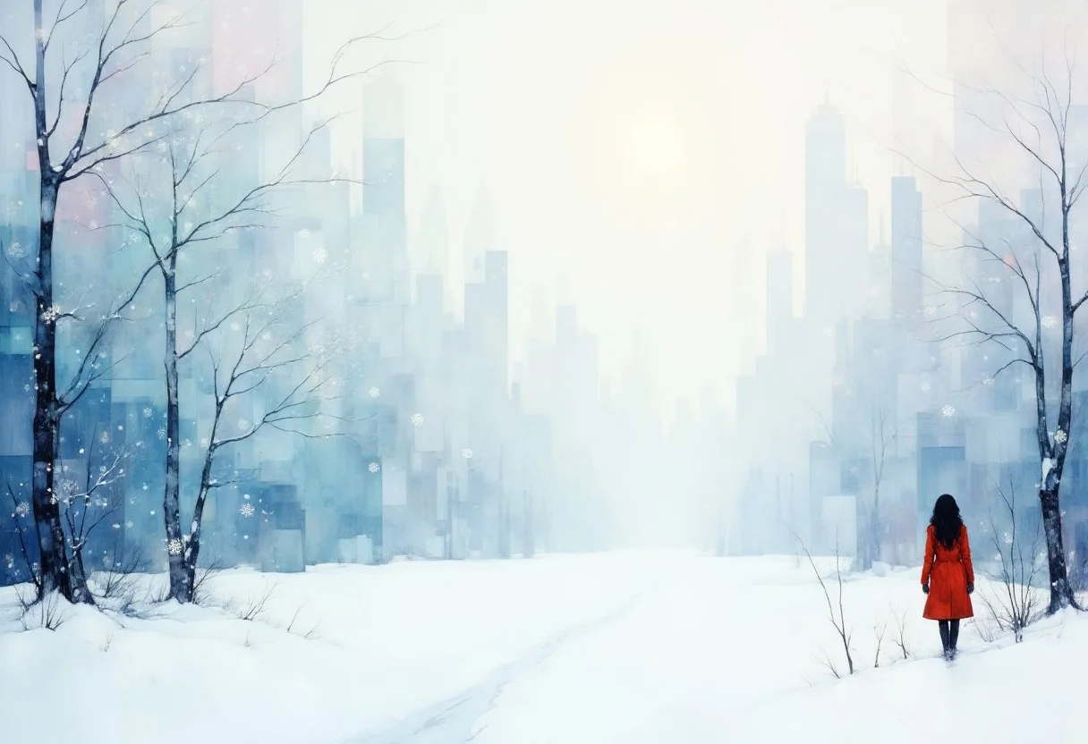 An ethereal winter landscape redefined in abstract forms, where soft, translucent swirls of pale blues, silvers, and frosted whites blend seamlessly into one another. Frost-covered trees melt into geometric shapes that hint at their natural form but are softened by fluid, dreamlike brushstrokes. Snowflakes transform into delicate spirals and tendrils, drifting and intermingling with a calm, glowing light. The composition is minimal, yet layered with texture, evoking a sense of serene stillness and a gentle, meditative quiet. Subtle gradients of icy lavender, mint, and pearl evoke the peaceful solitude of a winter morning, untouched and timeless, In the distance is a beautiful woman in a red long coat and black hair, blue eyes glowing , <lora:Digital painting V1.safetensors:1.0> ,
