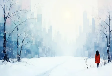 An ethereal winter landscape redefined in abstract forms, where soft, translucent swirls of pale blues, silvers, and frosted whites blend seamlessly into one another. Frost-covered trees melt into geometric shapes that hint at their natural form but are softened by fluid, dreamlike brushstrokes. Snowflakes transform into delicate spirals and tendrils, drifting and intermingling with a calm, glowing light. The composition is minimal, yet layered with texture, evoking a sense of serene stillness and a gentle, meditative quiet. Subtle gradients of icy lavender, mint, and pearl evoke the peaceful solitude of a winter morning, untouched and timeless, In the distance is a beautiful woman in a red long coat and black hair, blue eyes glowing , <lora:Digital painting V1.safetensors:1.0> ,