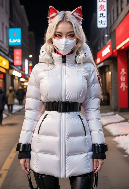 ((((padded down coat)))), ((((padded puffer coat)))), ((((padded winter clothes)))), ((((very cold)))), ((((puffer hood up)))), ((((full body)))), beautiful, masterpiece, 1girl, mature female, (((white long hair))), (((red eyes))), cat ears, large breasts, gloves, chest harness, (((half face mask))), army, Red digital camouflage, steam, cyberpunk, city, neon lights, pressure squeezing cuffs, pressure squeezing collar, (Thick padded cuffs:1.4), (Thick padded collar:1.4), <lora:Collar-SDXL:0.75>, <lora:Cuffs-SDXL:0.75>, <lora:fashion_lora:0.6>