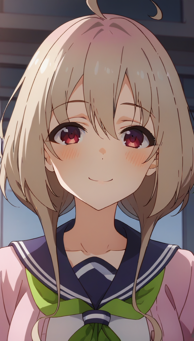 score_9,score_8_up,score_7_up,score_6_up BREAK official art,solo,outdoors,upper body,(portrait:1.5),looking at viewer,facing viewer,smile,blush,Tanukikoji Kinu,ahoge,medium hair,light brown hair,hair between eyes,bangs,red eyes,school uniform,pink cardigan,open cardigan,blue sailor collar,green neckerchief,white shirt,long sleeves,medium breasts,blue skirt,pleated skirt,white socks,loafers,brown footwear,<lora:Tanukikoji Kinu(snk)-Pony:1.5>,