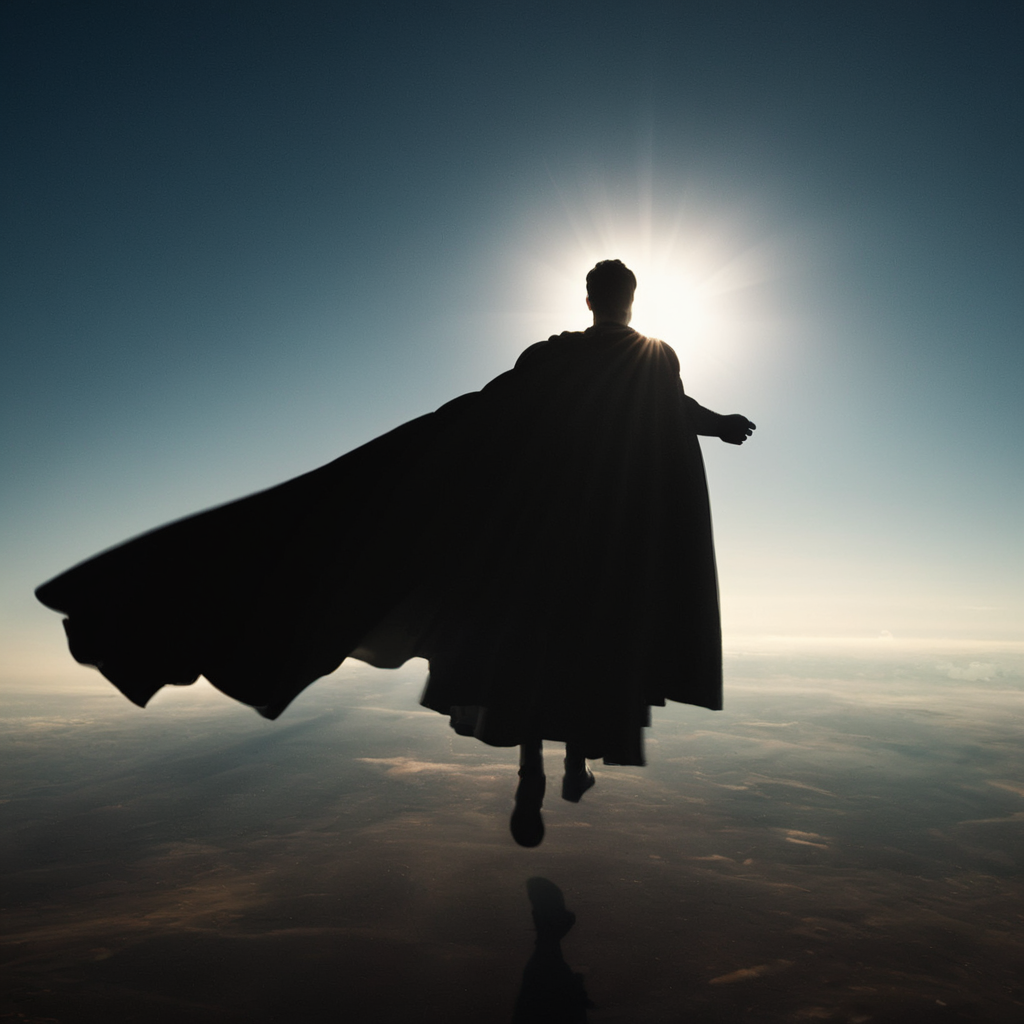 cinematic film still of  <lora:volumetric lighting:1> volumetric lighting style
a man covered in shadow in black superman costume hovering through the air over a planet earth with sun beam ray light in front,solo,1boy,male focus,cape,outstretched arms,star (sky),floating,backlighting,spread arms,space,wide shot,planet,earth (planet) , volumetric lighting, haze light, fog light, beam light, deep space, shallow depth of field, vignette, highly detailed, high budget, bokeh, cinemascope, moody, epic, gorgeous, film grain, grainy