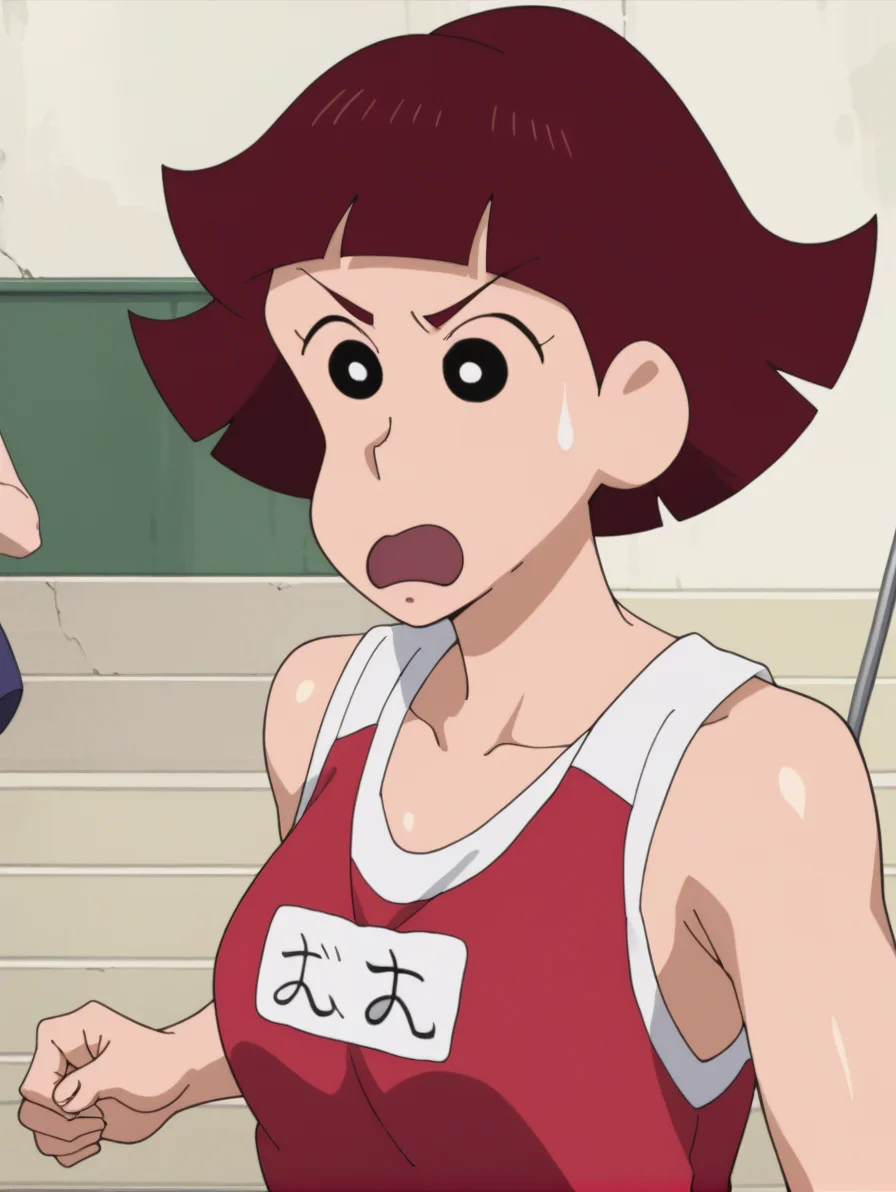 score_9, score_8_up, score_7_up, score_6_up, score_5_up, score_4_up,source_anime,anime screencap,uncensored,1girl,medium breasts,glistening body,shiny_skin,dewy skin,BREAK
<lora:chishio_v2:0.9> chishioatk, short hair, brown hair,black eyes,no sclera, blunt bangs, sleeveless shirt, name tag, upper body, running, open mouth, tank top, sweat