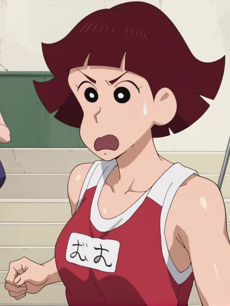 score_9, score_8_up, score_7_up, score_6_up, score_5_up, score_4_up,source_anime,anime screencap,uncensored,1girl,medium breasts,glistening body,shiny_skin,dewy skin,BREAK
<lora:chishio_v2:0.9> chishioatk, short hair, brown hair,black eyes,no sclera, blunt bangs, sleeveless shirt, name tag, upper body, running, open mouth, tank top, sweat