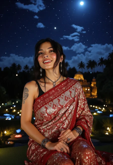 A breathtaking ultra-realistic portrait of a 35-year-old Asian woman with pale, luminous very pale skin glowing under dramatic, cinematic lighting that highlights her goth-inspired features. Her long black ponytail flows over her shoulder, with sharp bangs framing her face adorned with dark lipstick, smoky eyeliner, and piercings, including a septum ring, nose stud, and lip ring. Intricate tattoos span her collarbone and arms, subtly catching the light. She wears a rose gold tissue saree intricately embroidered with celestial patterns of stars, crescent moons, and swirling nebulae, creating a striking contrast to her edgy appearance. She laughs joyously, her delighted expression engaging the viewer. The background is a mystical, otherworldly landscape—a moonlit ancient Indian palace partially overgrown with vines, glowing softly under a deep indigo sky filled with swirling galaxies and cascading shooting stars. Pools of reflective water shimmer beneath her, mirroring the celestial motifs on her saree, while dramatic god rays and a dreamy bokeh effect illuminate her in this surreal and magical scene.