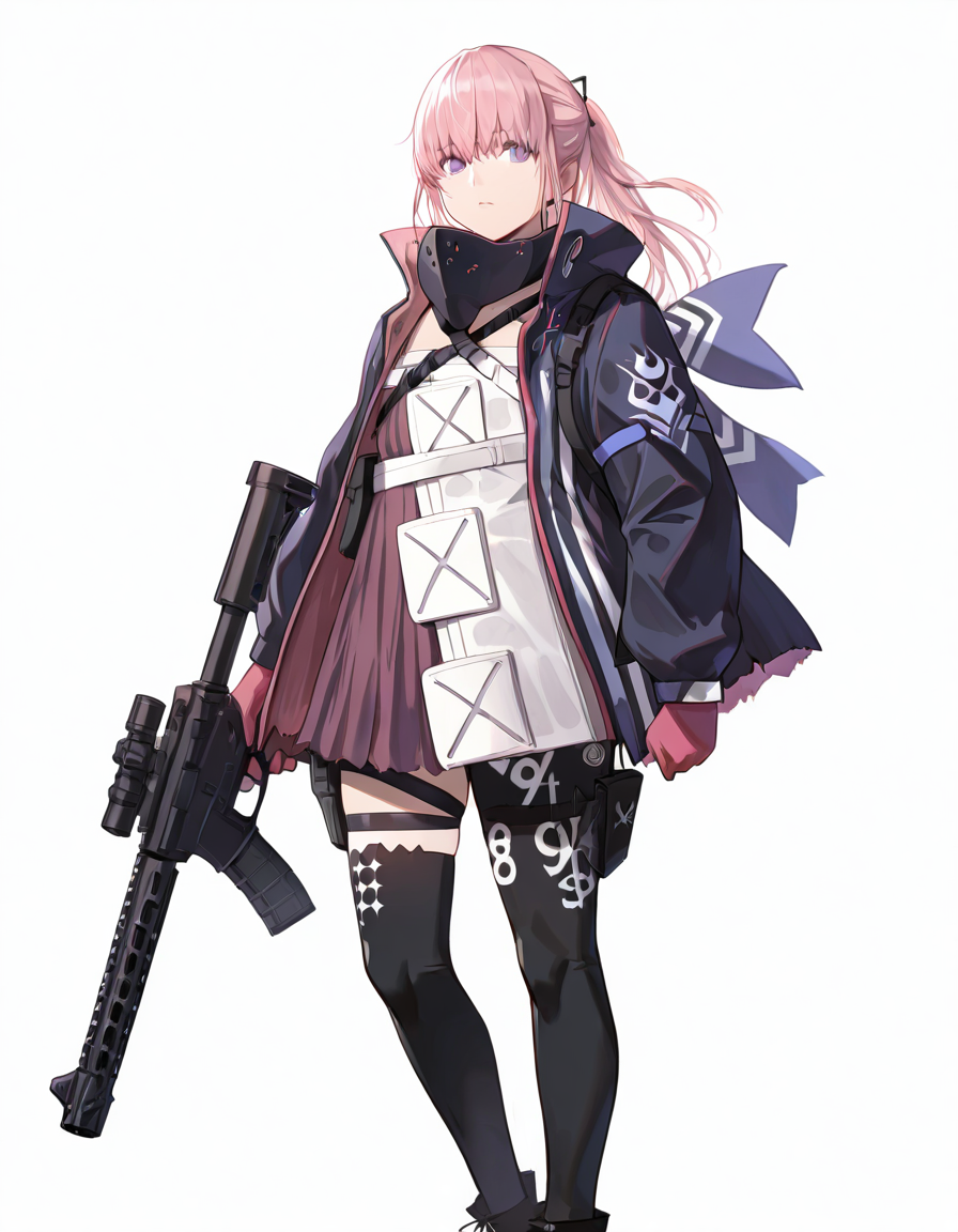 Volumetric Lighting, (masterpiece), (best quality), (ultra-detailed), masterpiece, source_anime, score_9, score_8_up, score_7_up BREAK, illustration, disheveled hair, detailed eyes, perfect composition, moist skin, intricate details BREAK, purple eyes, pink hair, ponytail, sidelocks, hair between eyes BREAK, AR15MOD3, layered clothes, MOD3_vest, white vest, MOD3_jacket, black jacket, MOD3_dress, pink dress, MOD3_chest_strap, uneven legwear, MOD3_thighhighs, MOD3_gloves, MOD3_thigh_holster, MOD3_thigh_strap, MOD3_battle_mask, MOD3_hair_ornament, black footwear BREAK, ((white background)), looking at viewer, standing, shadow, holding rifle, assault rifle, ar-15, holding ar-15