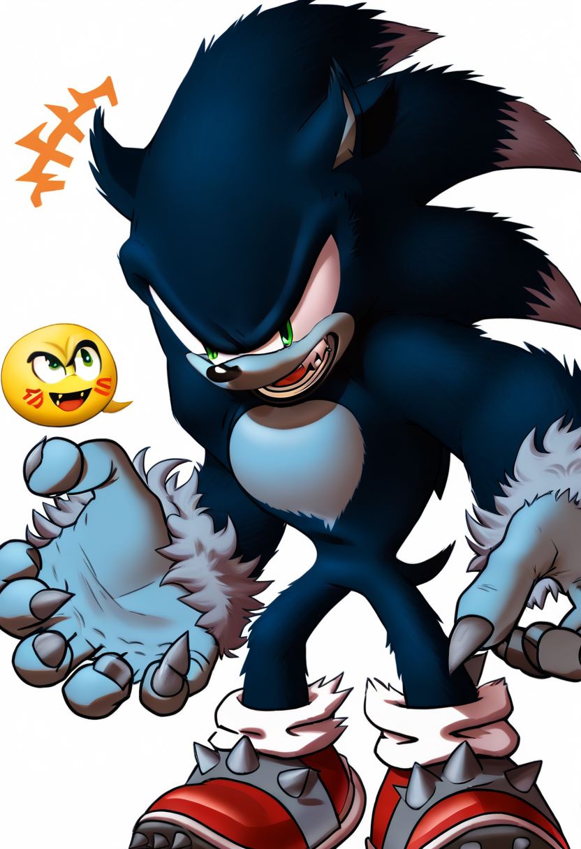 sonic with hands up, fully body view, 1boy, solo, smirking,  Sonic the werehog, muscular, yell, growl, open mouth, with line sounds next to him, anger emoji