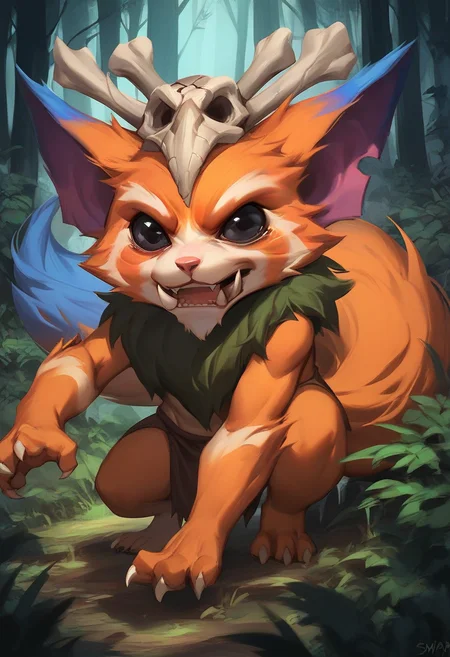 score_9, score_8_up, score_7_up, score_6_up, gn4r, 1boy, yordle, fangs, teeth, skull on head, orange fur, black eyes, tail, full body, forest,
<lora:Manwha_Anime_Style:1>, manhwastyle, <lora:Gnar_Default_v1:0.7>, solo, looking at viewer, (stiff tail, scared, shoked, veins, !)