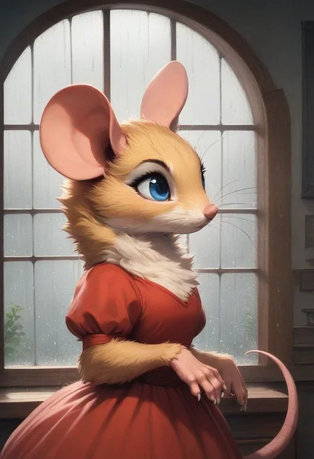 score_9, score_8_up, score_8, solo, (fluffy:0.8), (feral), indoors, toes, furry, (((mouse))), female, blue eyes, yellow fur, chest, claws, (fluffy cheeks:0.7), (red dress), in the style of beatrix potter, (staring out the window at the rain), side view, upper body shot, (solo:2)