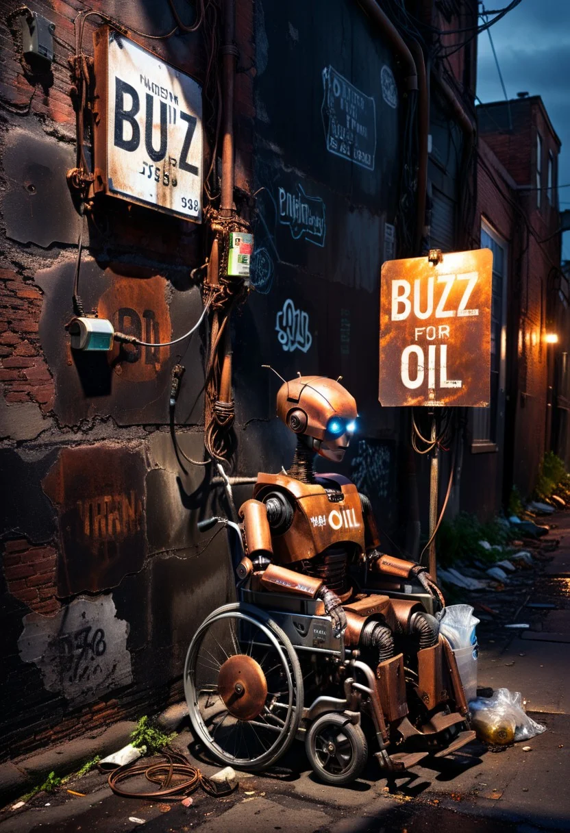 intricate details, ultra sharp, realism, realistic photography, (robotic woman, rusty copper, patched up, electric cables, derelict, used, on a wheelchair, on the side of the street), under a dimly lit tungsten light, holding a sign "BUZZ FOR OIL", dirty alley with trash, high contrast, 8k