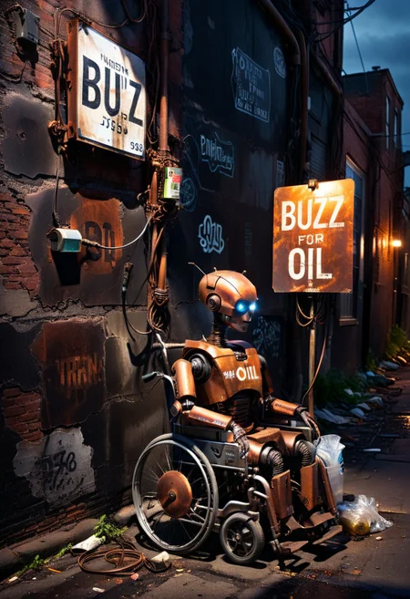 intricate details, ultra sharp, realism, realistic photography, (robotic woman, rusty copper, patched up, electric cables, derelict, used, on a wheelchair, on the side of the street), under a dimly lit tungsten light, holding a sign "BUZZ FOR OIL", dirty alley with trash, high contrast, 8k