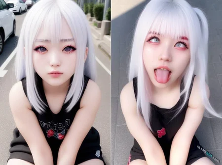 ahegao, rolling_eyes, A beautiful girl, idol, pure face, best quality, raw portrait, highly detailed, skinny, supple and pale skin, sunlight, sleeveless, bow, tidy street, <lora:ahegaoRollingEyes_v1114:0.9>