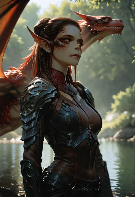 masterpiece, ultra-HD, cinematic lighting, photorealistic, impressionism (1.5), high detail, depth of field, (blurred background), (dramatic lighting),masterpiece, best quality, very aesthetic,8k,lae'zel, 1girl, gith (d&d), slit pupils, yellow eyes, facial mark , pointy ears, scar on face, scar on mouth, scar on forehead,  braided sidelock,  brown hair,  colored skin,  body freckles, toned,  dungeons & dragons, medium breasts,  reflection, wet,  relaxed, dappled sunlight, outdoors, shoulder armor, armor, ridding a red dragon, flying over lake,
masterpiece, best quality, amazing quality, usnr,