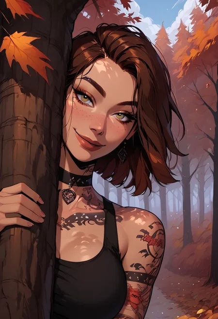 Score_9, Score8_up, Score_7_up, (((High Resolution, Best Quality))),
1girl, solo, toned arms, Covered in Tattoos:1.3, neck tattoos,
cutoff tanktop, sleeveless, large breasts, choker,
seducing, seductive, flirty, tender, loving, playful, looking at viewer, playful body language, smile, confident, (peeking out, hiding behind tree, large tree),
Outside, woods, autumn, leaves blowing in the wind, leaves falling, Cloudy Sky,
cowboy shot,