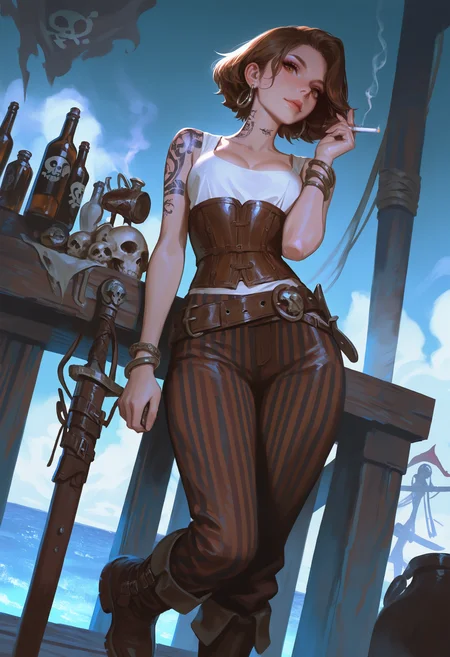 masterpiece, best quality, good quality, very aesthetic, absurdres, newest, Dutch Angle,
1girl, solo, breasts, short_hair, shirt, brown_hair, holding, jewelry, medium_breasts, brown_eyes, standing, white_shirt, weapon, outdoors, earrings, boots, sleeveless, pants, medium_hair, belt, sword, bracelet, lips, tattoo, mouth_hold, leg_up, standing_on_one_leg, bottle, sheath, corset, smoke, cigarette, hoop_earrings, sheathed, smoking, arm_tattoo, holding_bottle, bangle, brown_pants, shoulder_tattoo, watercraft, leather, neck_tattoo, skull_and_crossbones, striped_pants, pirate, leather_boots, jolly_roger, looking_at_viewer,
Cool And Blue Lighting, <lora:ponyv4_noob1_2_adamW-000017:0.7> <lora:USNR_STYLE_XL_lokr:0.8>