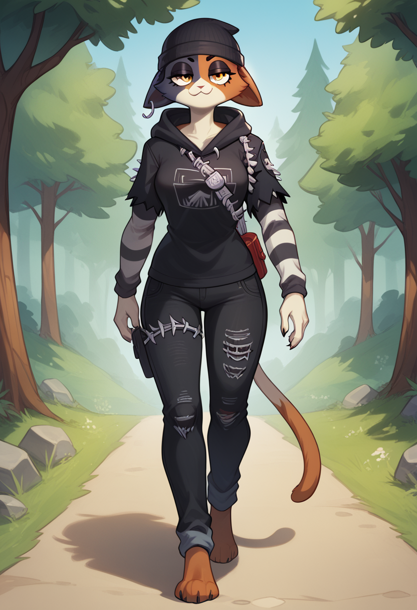 score_9, score_8_up, score_7_up,
((best quality)), absurdres,
<lora:MeowSkullsPXL:1> meowskullspxl, hourglass figure, anthro, female, 1girl,
solo, full body, black sweatshirt, fish hook piercing, ammo strap, pants, beanie, walking, forrest,
<lora:Smooth Anime Style LoRA XL:0.7> Smooth, Anime, <lora:Expressive_H:1> Expressiveh,